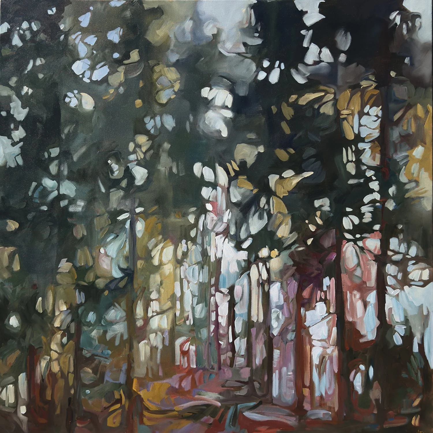 Holly Anne Friesen "Quiet in the Canopy" acrylic on canvas, 48" x 48"