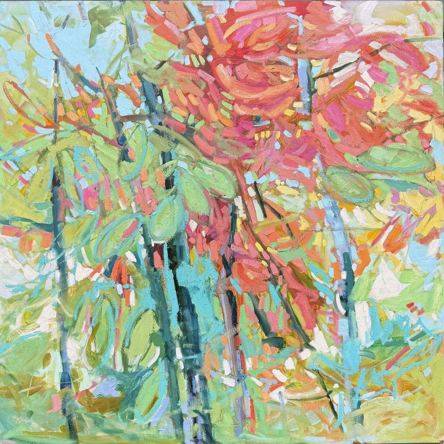 Sheila Davis "Poppy Cock" oil on panel, 40" x 40"