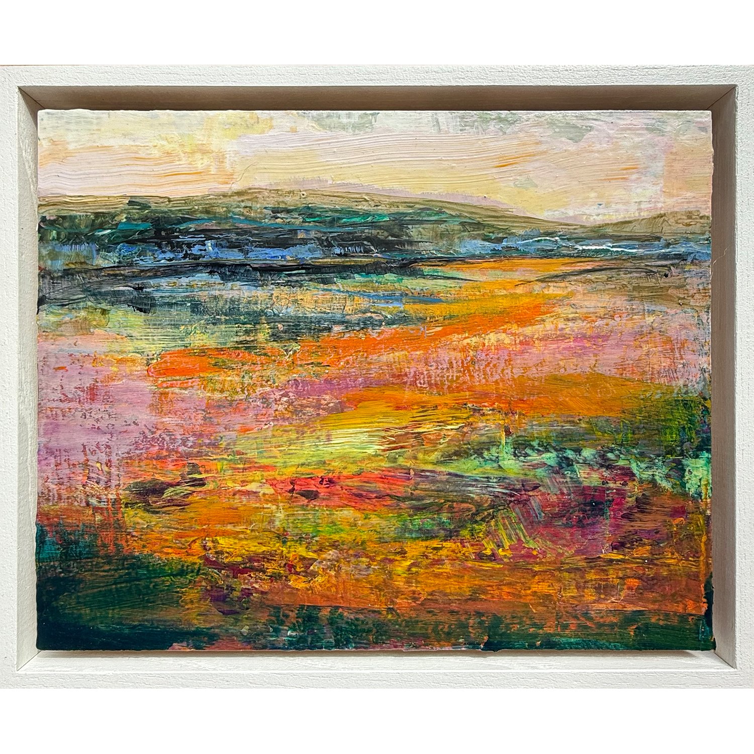 Jacquelyn Sloane Siklos "Meadows Unspooled" acrylic on wood panel, 8" x 10", framed.