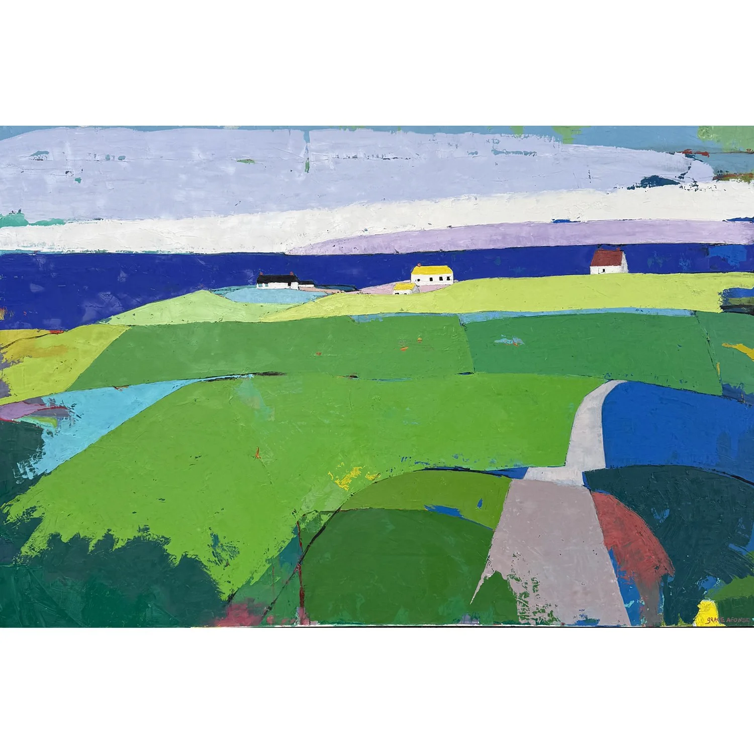 Grace Afonso "Farms Along St. Lawrence River, Bas - St. Laurent Region" oil on canvas, 40" x 60"