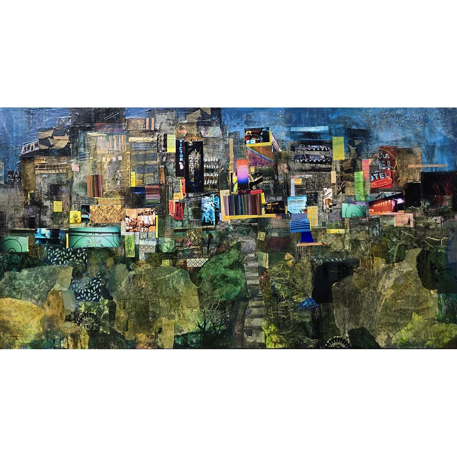 Jacquelyn Sloane Siklos "Night Time City" mixed media on canvas, 24" x 48"