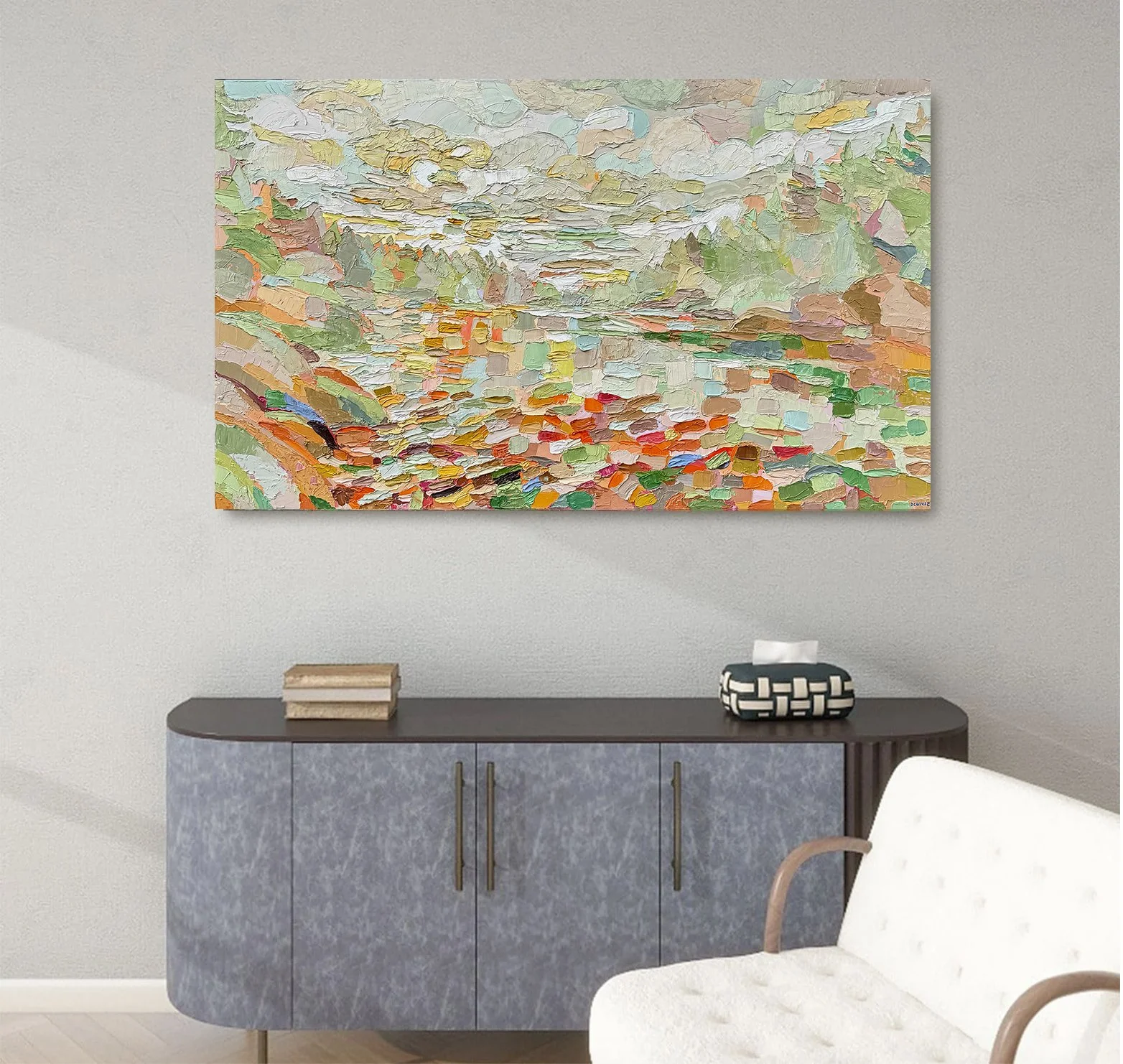 Dana Cowie "It's OK, I've got me" oil on canvas, 36" x 60". Artwork in-situ, modern interior home.