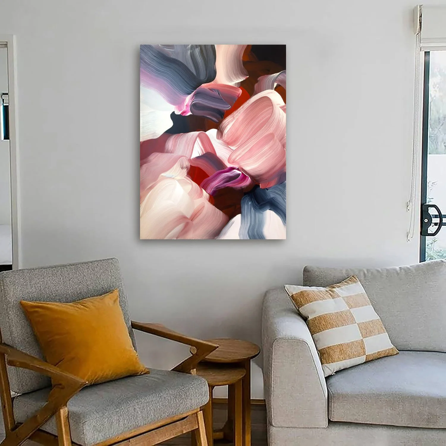 Julie Hawkins "Strut My Stuff" acrylic on canvas, 40" x 30". Canvas Gallery Toronto. Original Canadian Art. In-situ Modern Living Room.