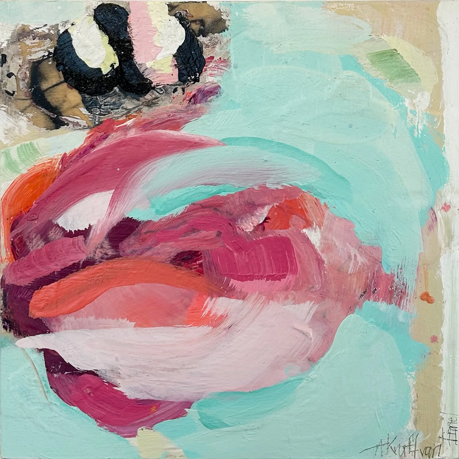 Annette Kraft van Ermel "Pink Veneer" mixed media on panel, 12" x 12"
