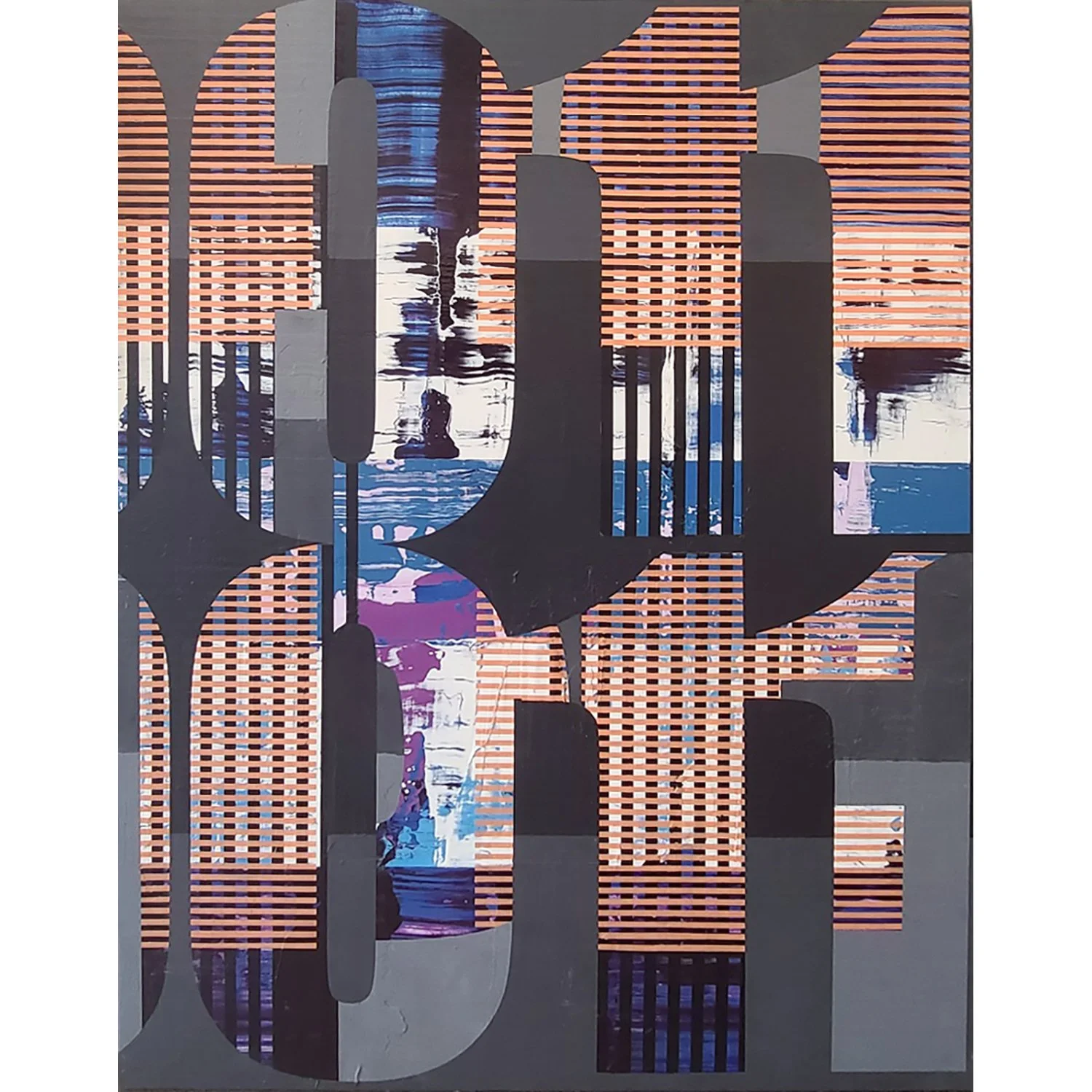 graphic painting with binary numbers and patterns in orange grey blue purple