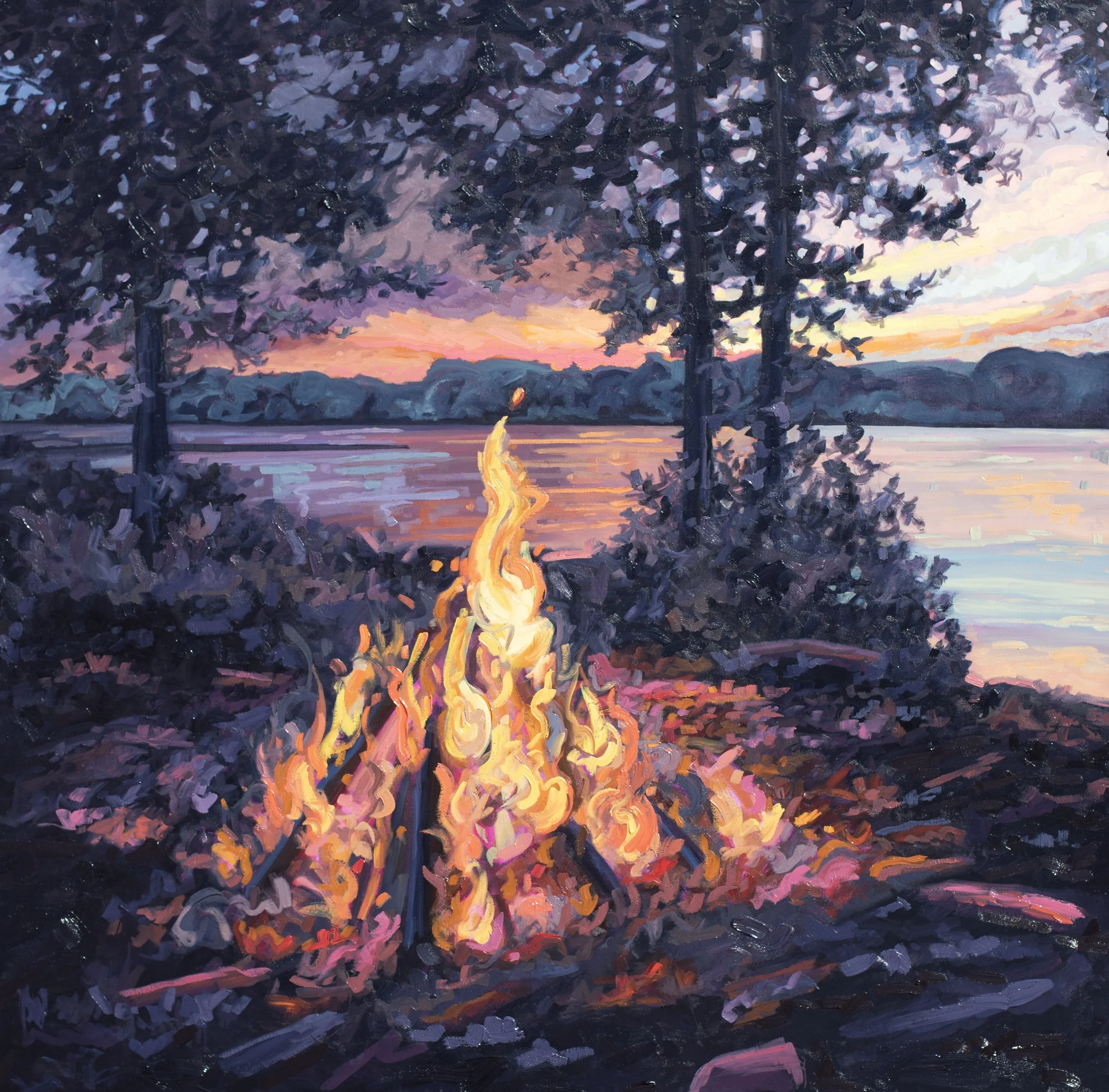 Kerry Walford "Lakeside Fire" oil on canvas, 48" x 48". Original Canadian Art. Canvas Gallery Toronto.