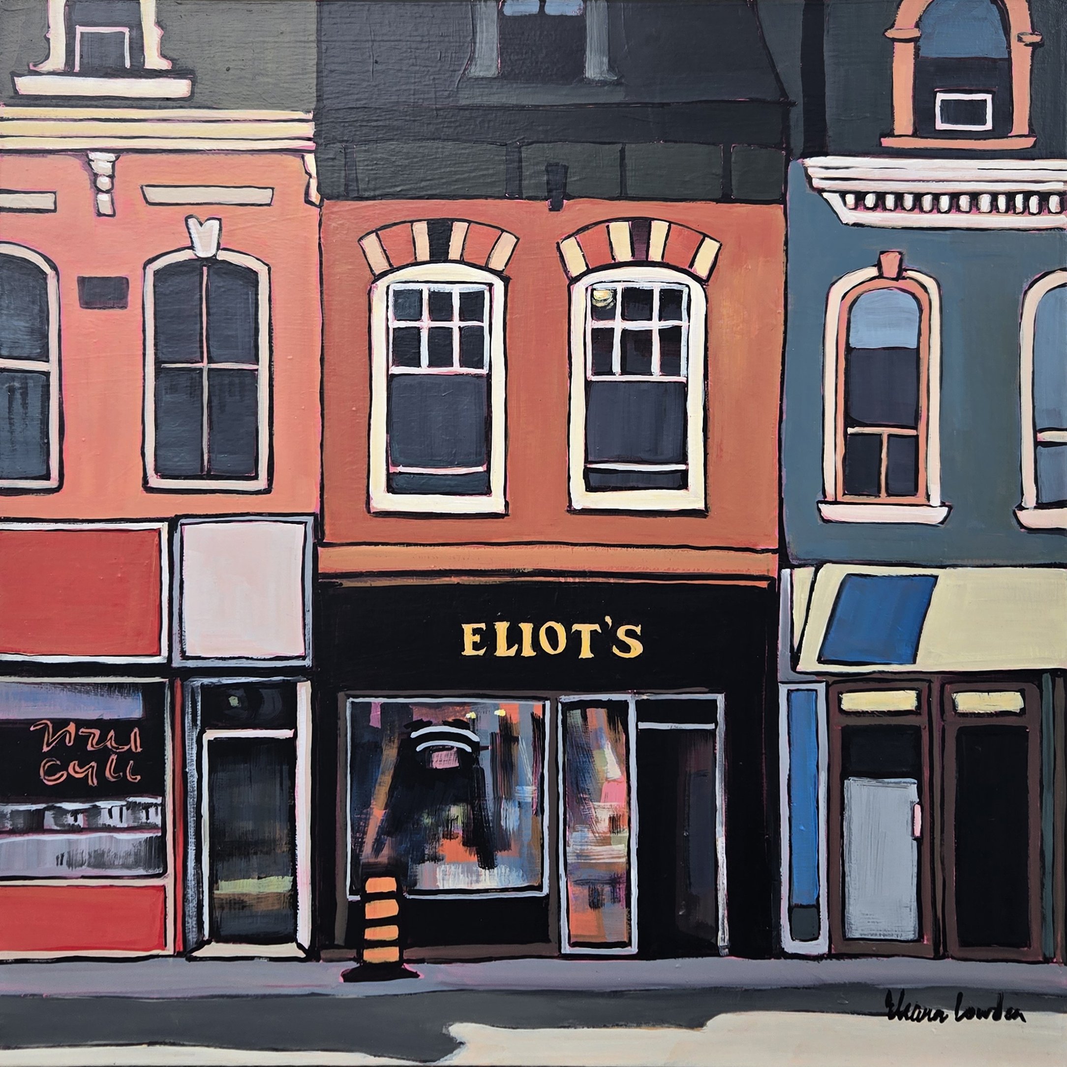 Eleanor Lowden "Eliot's Book Shop on Yonge" acrylic on canvas, 24" x 24"