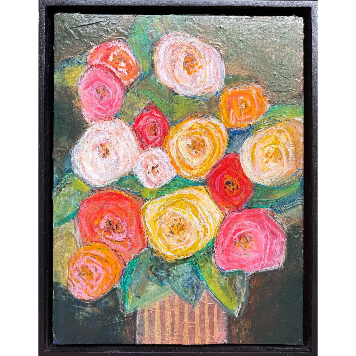 Jacquelyn Sloane Siklos "Bouquet #12" acrylic on wooden panel, 12" x 16", framed.