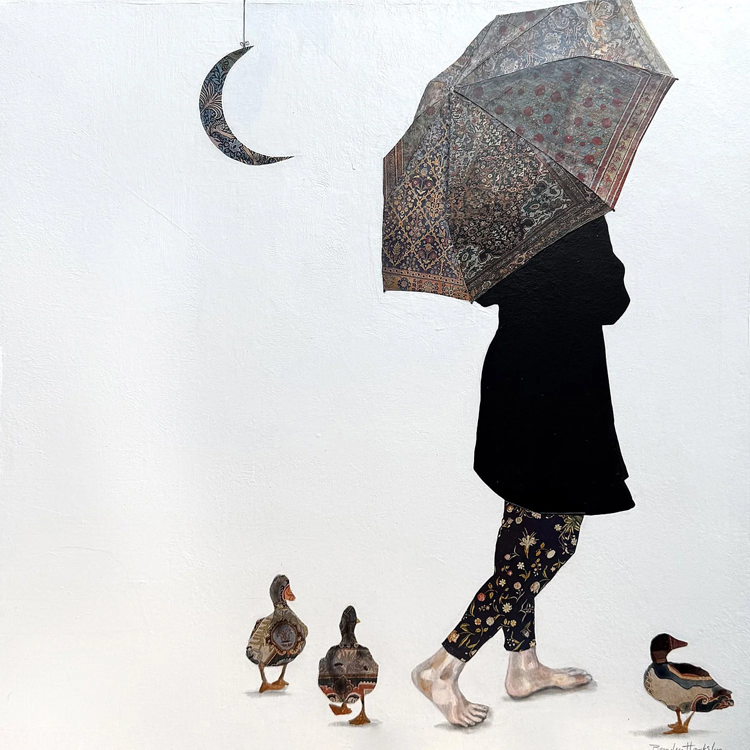 Beverley Hawskely "Once in a Blue Moon on a Rainy Day" mixed media on canvas, 20" x 20"