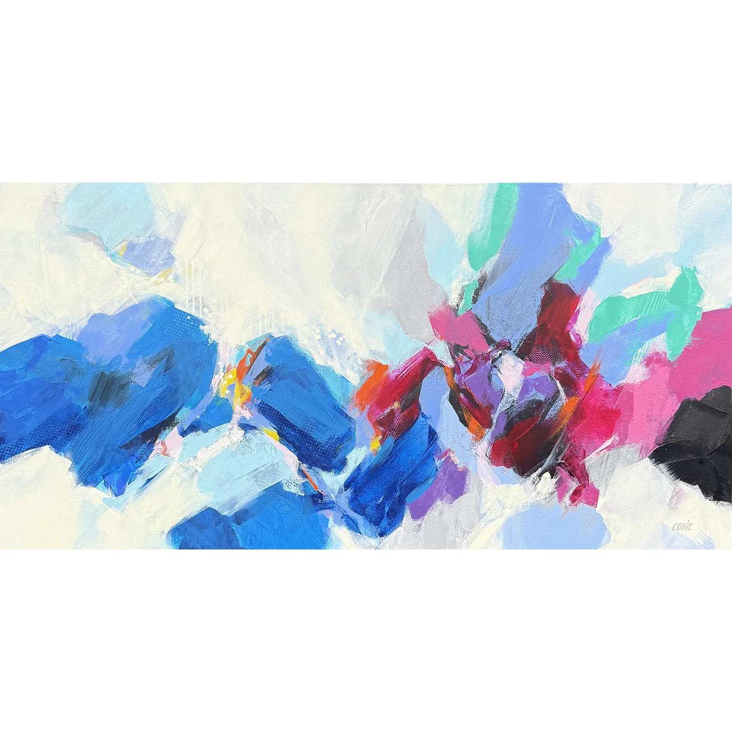 Cobie Cruz "Let's Catch Up" mixed media on canvas, 30" x 60"