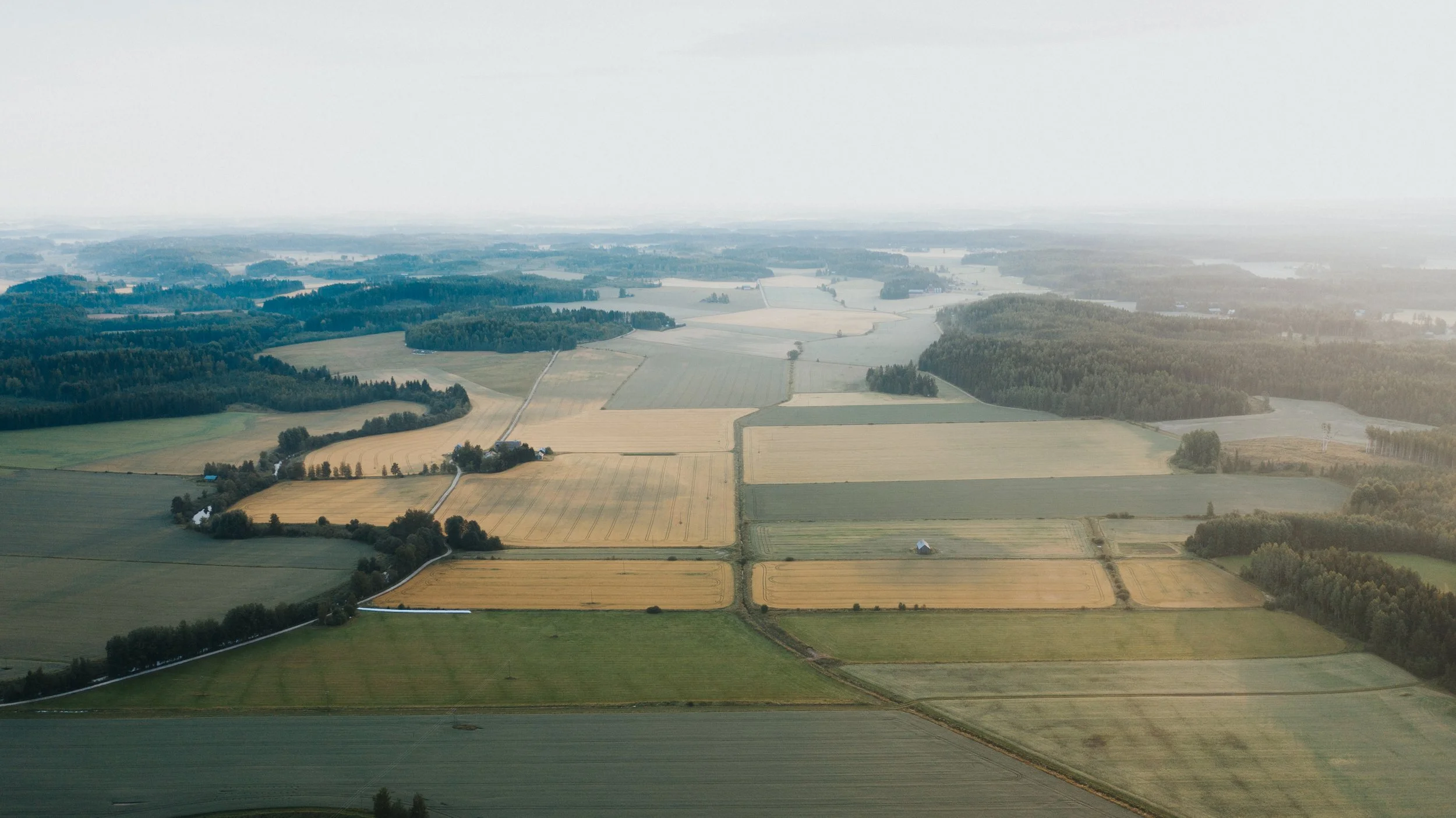 Ilmakuva maalaismaisemasta, pellot ja metsät horisontissa.