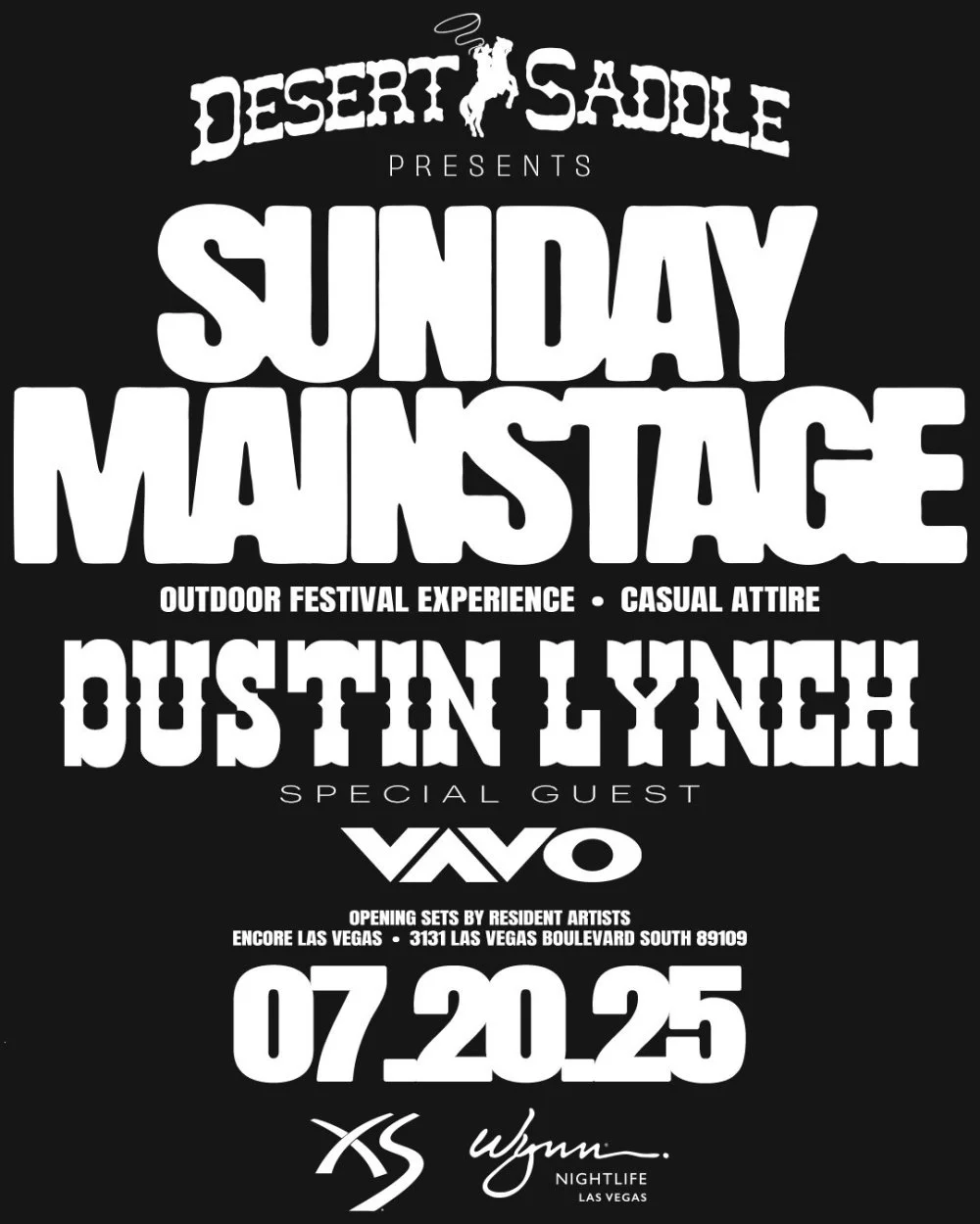 Dustin Lynch and Vavo Desert Saddle Festival Set at Sunday Mainstage 2025 at XS Las vegas flyer. Wynn Nightlife Las Vegas