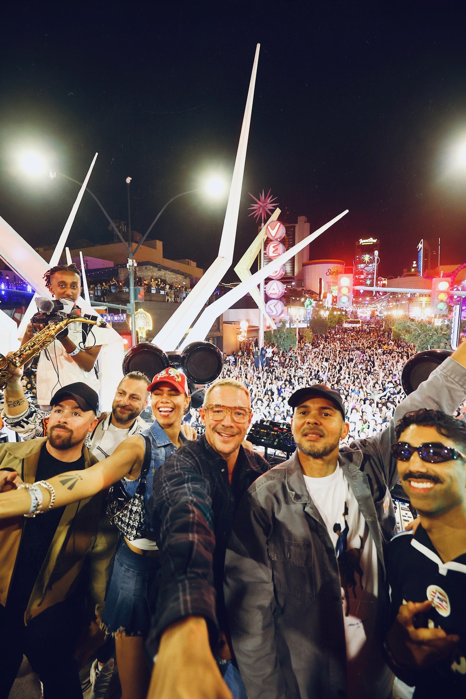 Silhouetted shot of Major Lazer against a backdrop of intense LED visuals and laser lighting at Feed The Block DTLV.