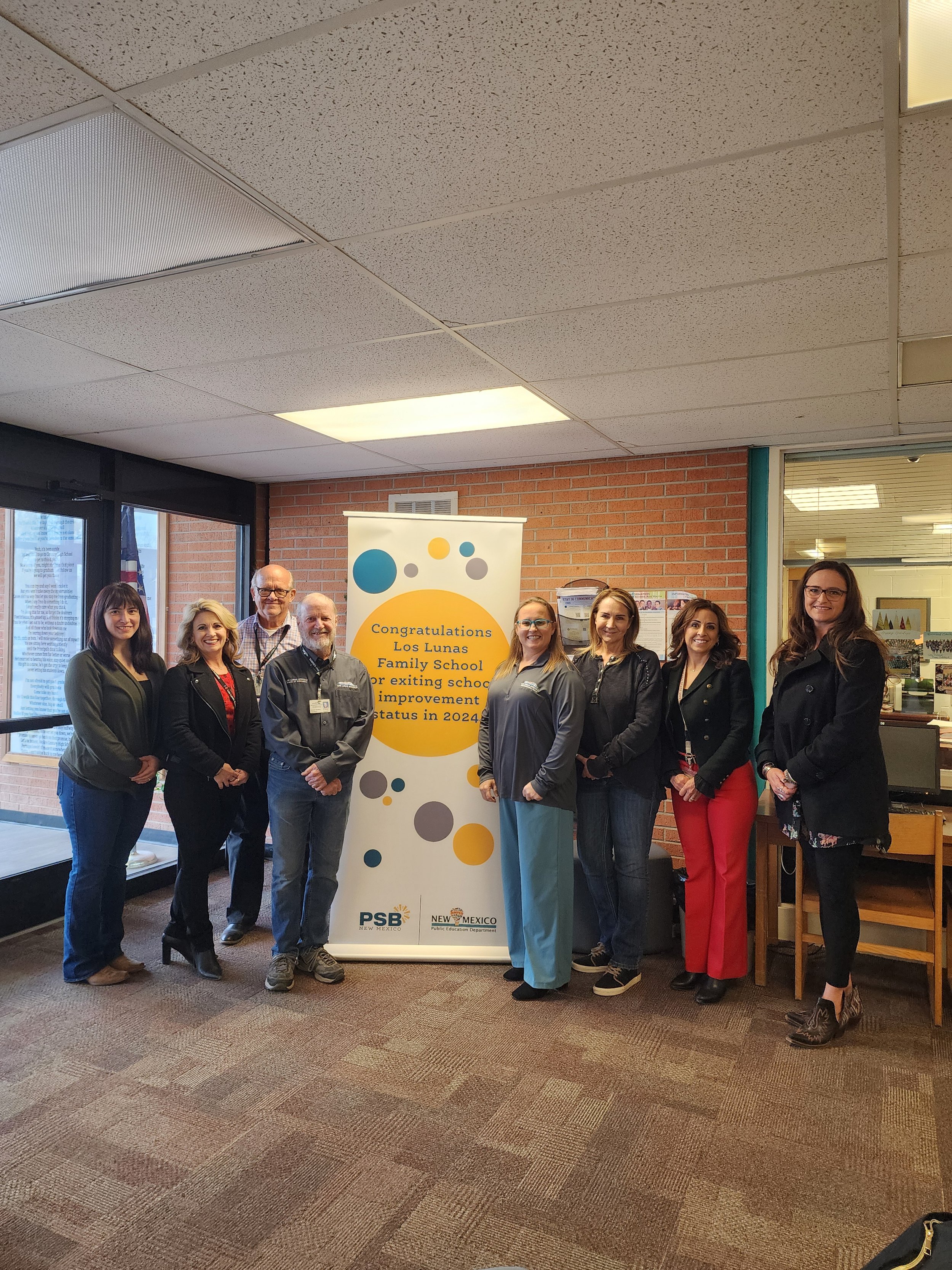 Los Lunas Family School: Valerie Romero, Social Studies Teacher; Jessica Montano, Assistant Superintendent; Tim Holt, Special Education Teacher; Dave Vickers, Board Member; Claire Toledo, Principal; Jennifer Edea-Lalonde, Dean of Students; Susan D. C