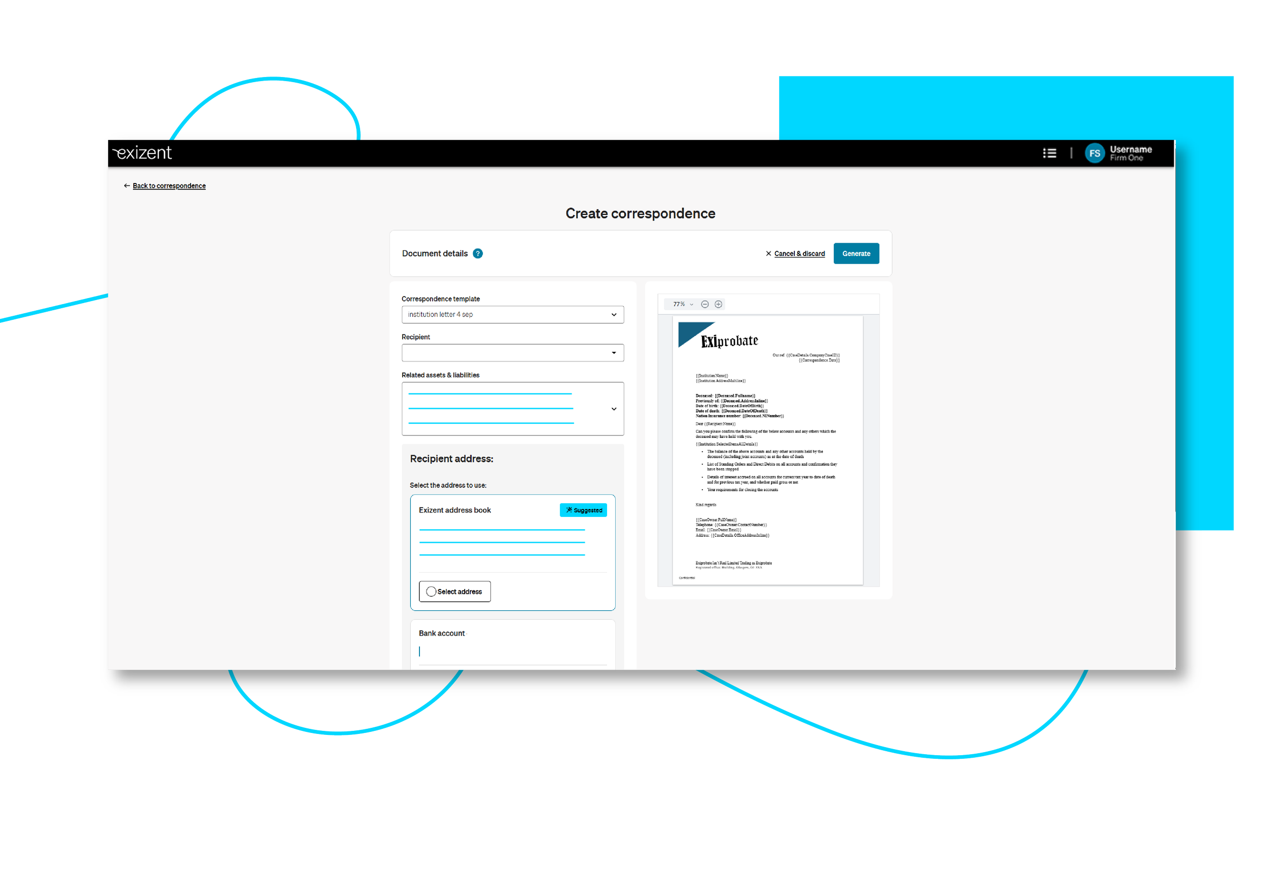 Screenshot of a web platform creating a legal or business correspondence with a template titled 'Institution Letter 4 Sep', showing form fields for recipient, assets, liabilities, address, and bank details, alongside a preview of a formatted letter.