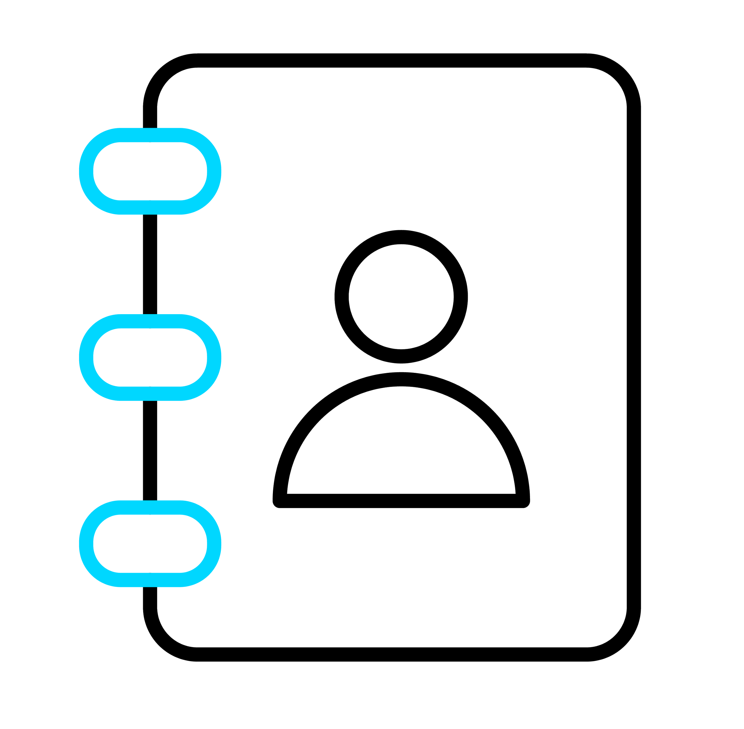 Stylized digital icon of a person with three blue ovals connected vertically on the left side, inside a rounded square outline.