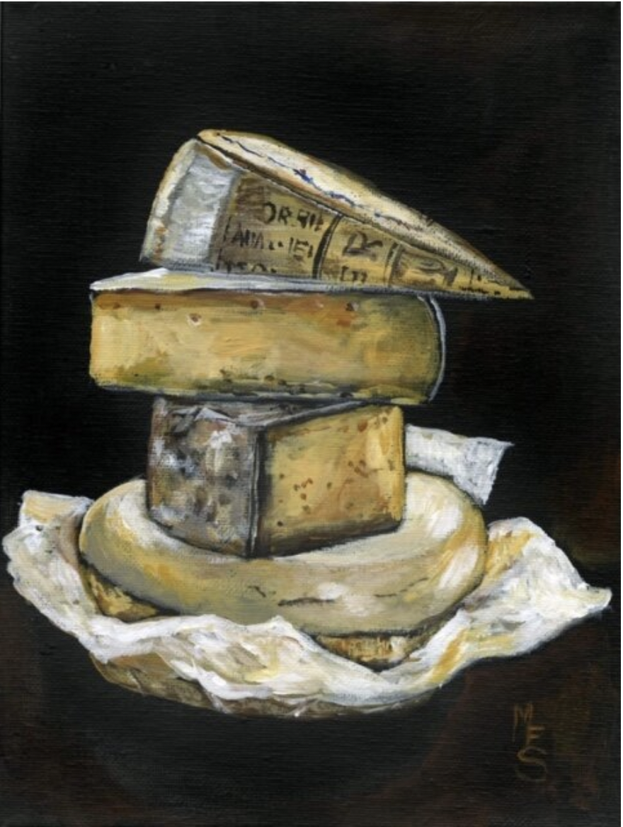 Painting of a stack of cheese wheels and wedges on a dark background.