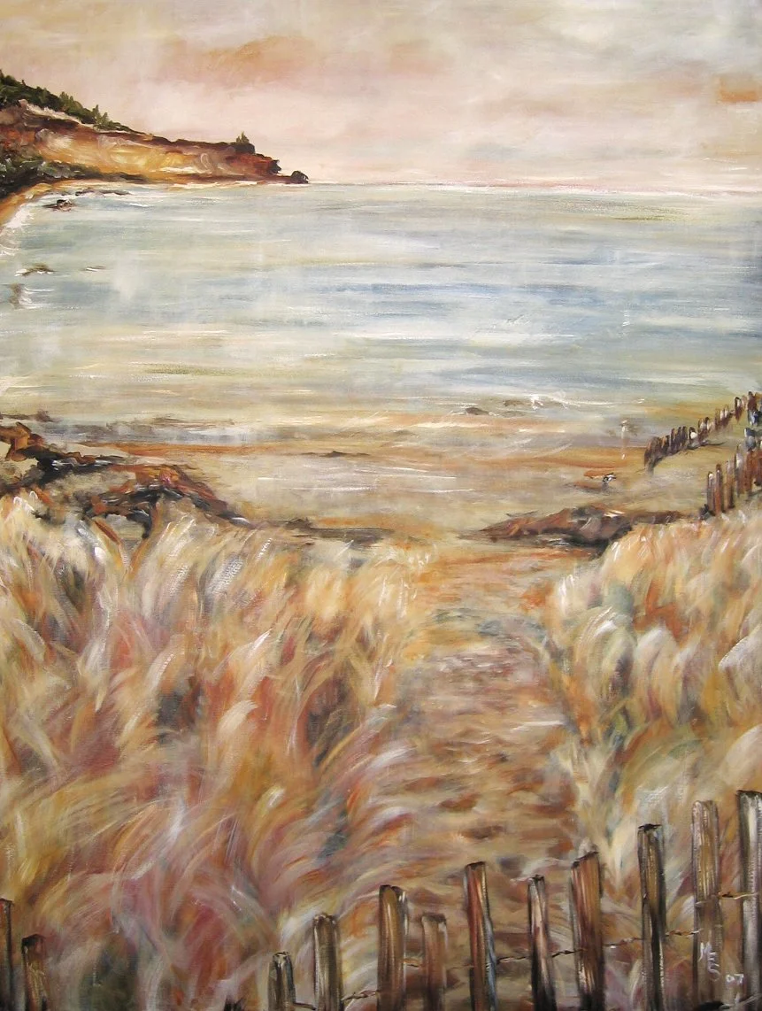 Painting of a coastal scene with sandy path, tall grass, wooden fence, and cliffs near the ocean.
