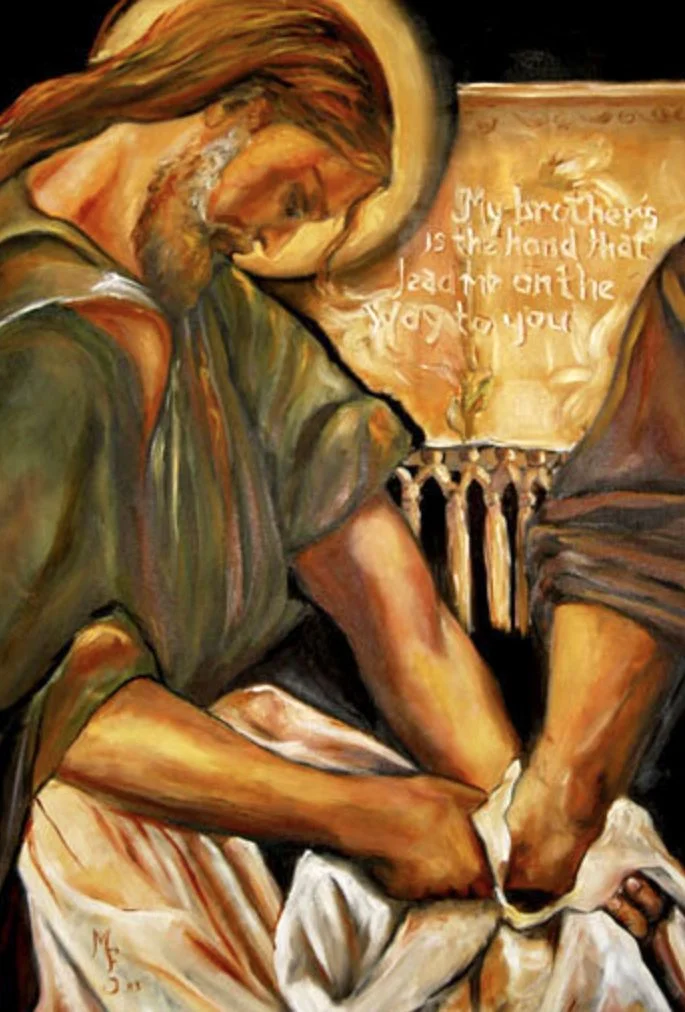 Painting depicting Jesus washing a disciple's feet, with a quote in the background reading "My brother's is the hand that leads me on the way to you."
