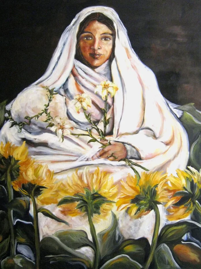 Painting of a woman in a white robe holding white flowers, surrounded by sunflowers.