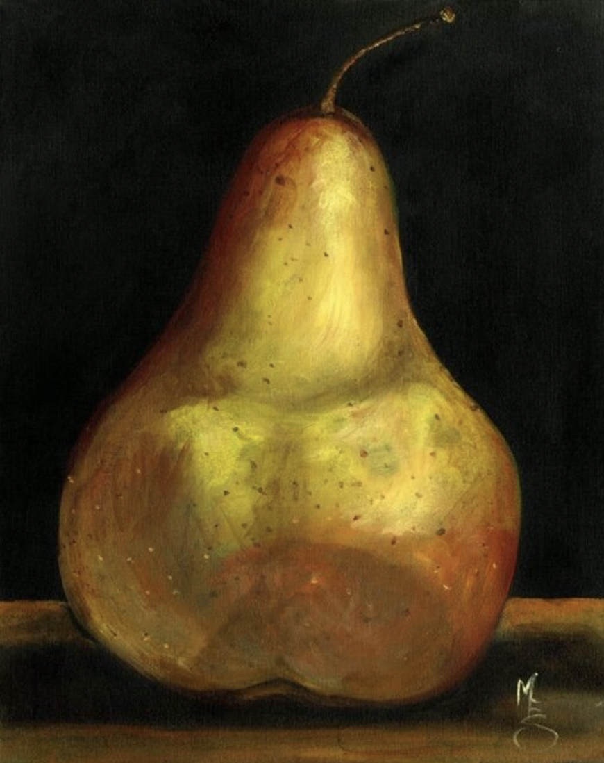 Painting of a pear against a dark background.