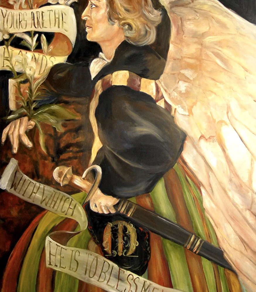 Painting of a figure with angel wings, holding a lily and sword, surrounded by text ribbons.