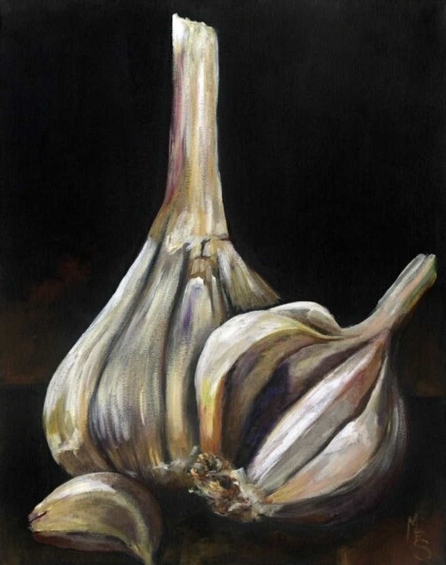 Painting of three garlic bulbs with dark background