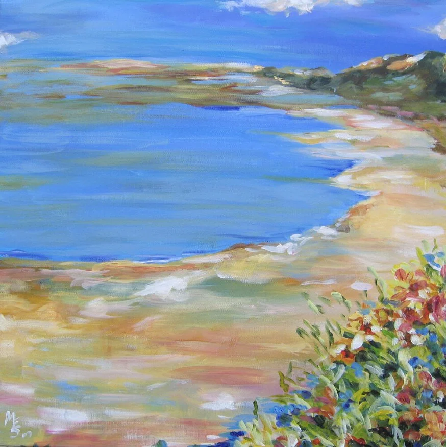 Colorful landscape painting of a coastal scene with blue water, sandy beach, and vibrant green vegetation.