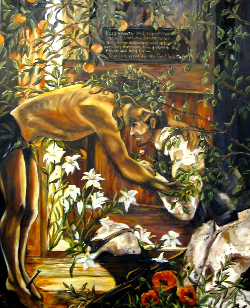 A painting featuring a partially clothed man enveloped in vines, bending over a stone head. Surrounding the scene are white lilies and orange poppies. A small plaque with text can be seen in the background, partially covered by foliage. The setting i