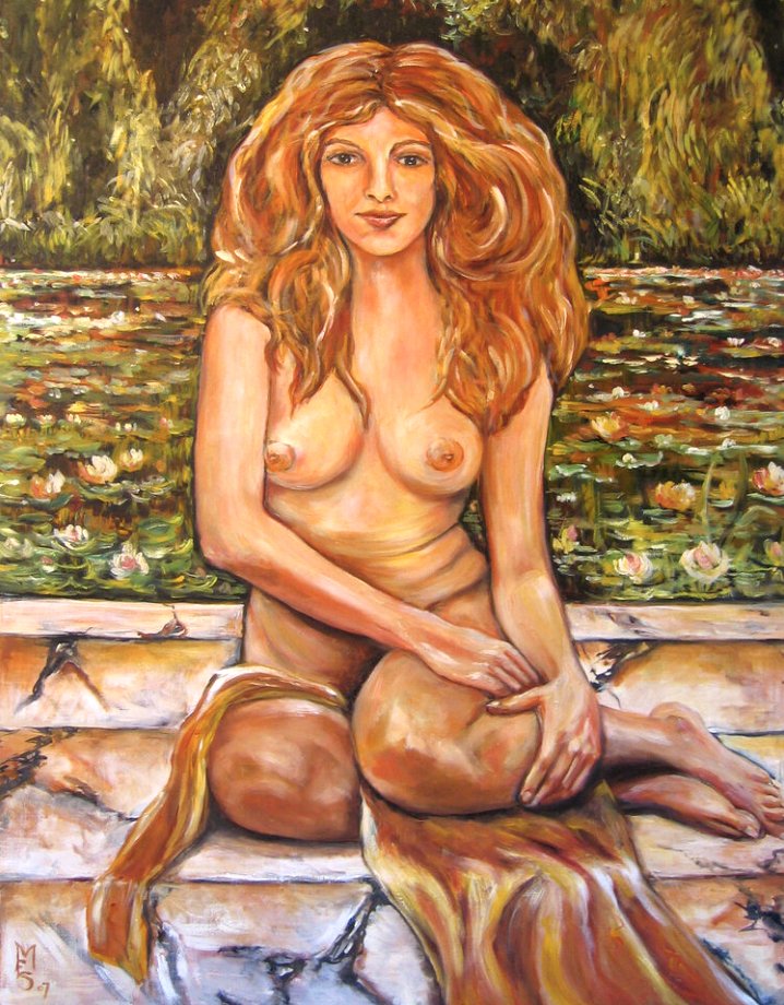 Painting of a woman with long hair sitting on stone steps near a pond.