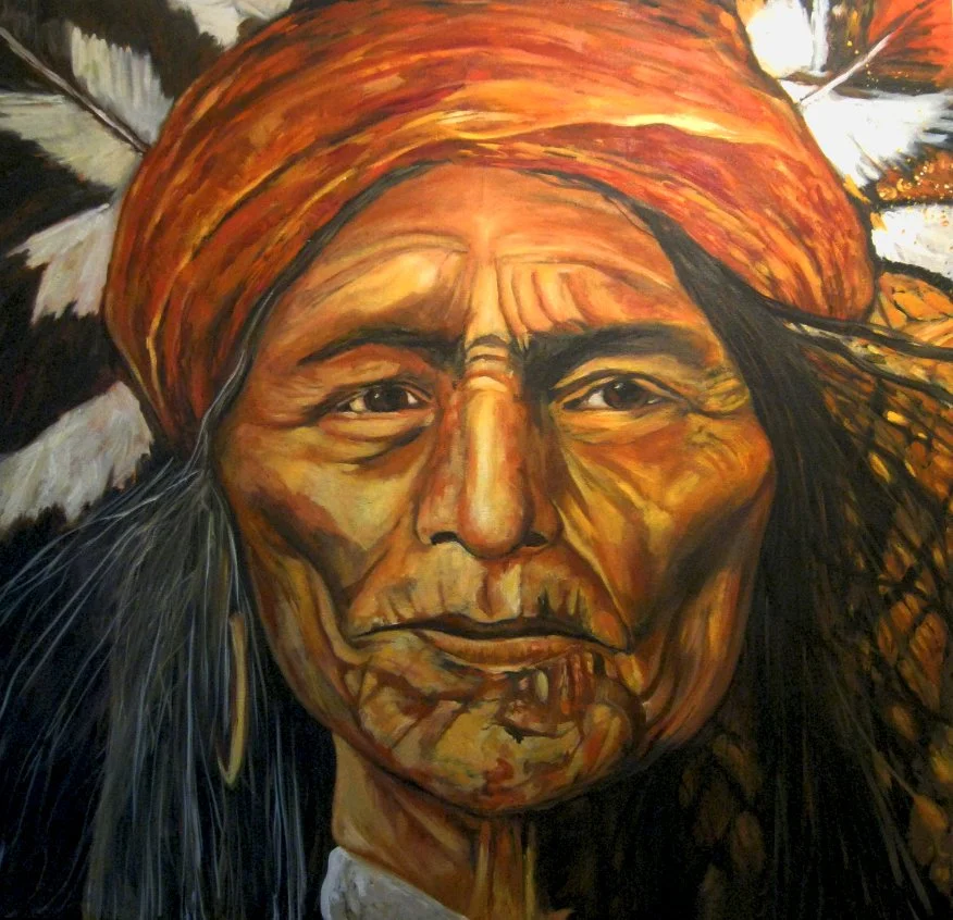 Portrait of a man wearing a red headscarf and feathered headdress, painted in an expressive, colorful style. 