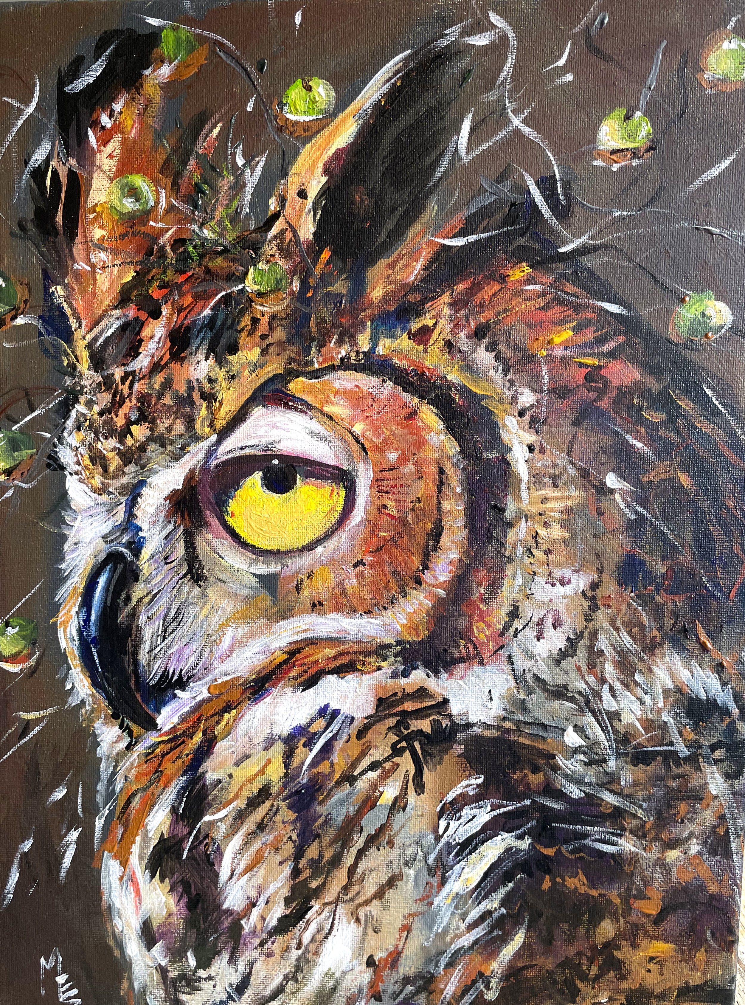 Abstract painting of an owl with vibrant colors and expressive brushstrokes