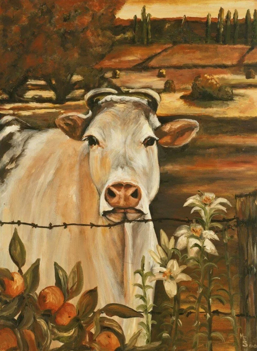 Painting of a cow behind barbed wire with lilies and oranges in the foreground and a rural landscape in the background.