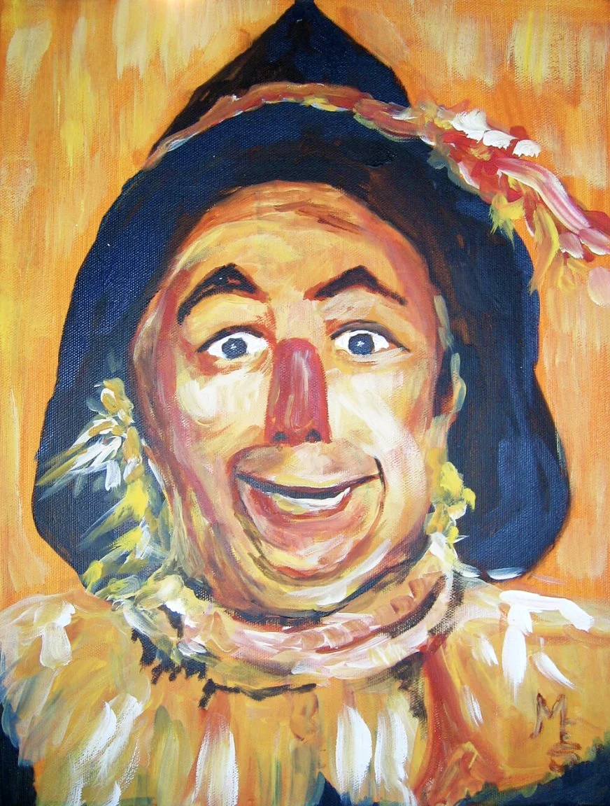 A painting of a grinning scarecrow with exaggerated features, wearing a black hat and yellow clothing, on a warm orange background.
