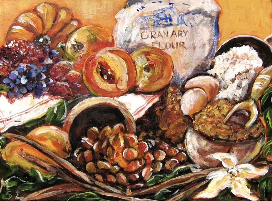 Painting of a still life with a variety of fruits, vegetables, and grains, including grapes, peaches, pumpkins, apples, a sack of flour, eggs, and nuts on a table.