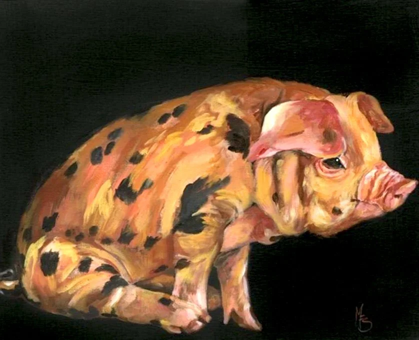 Painting of a colorful pig with black spots against a dark background.
