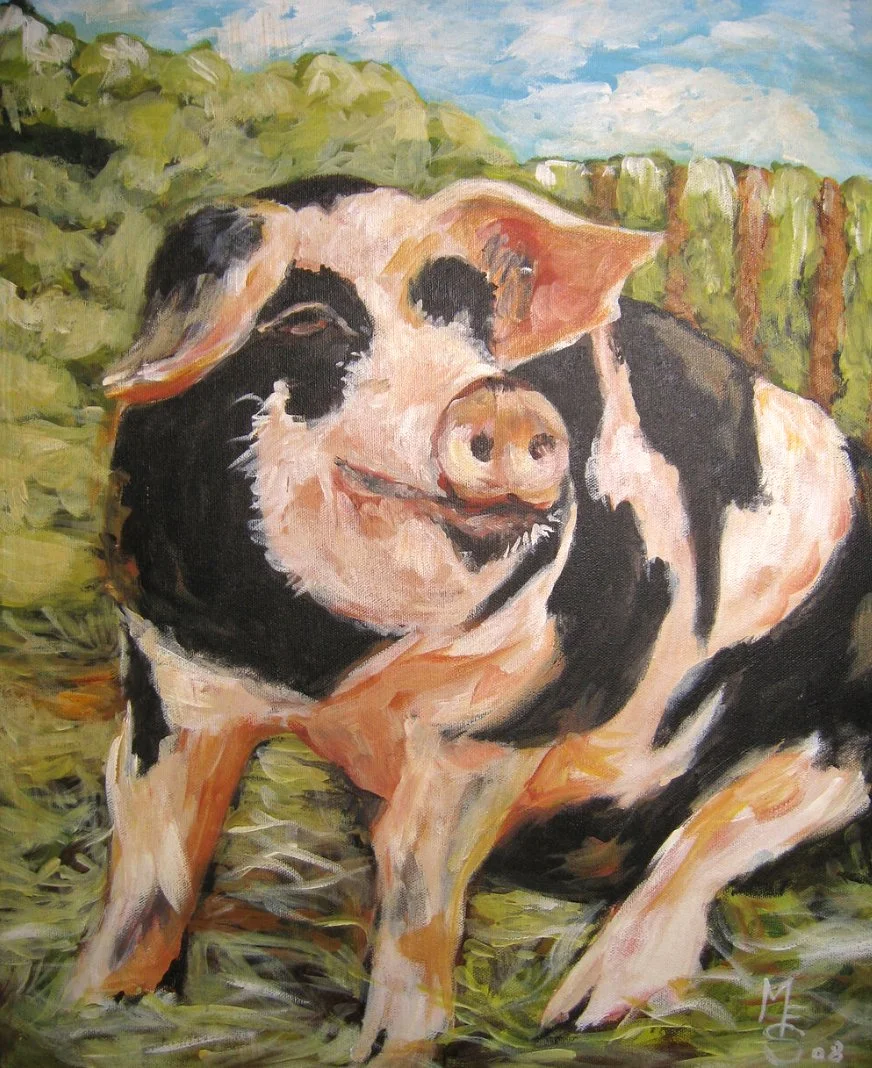 Painting of a black and white pig sitting in grass with a green and blue background.