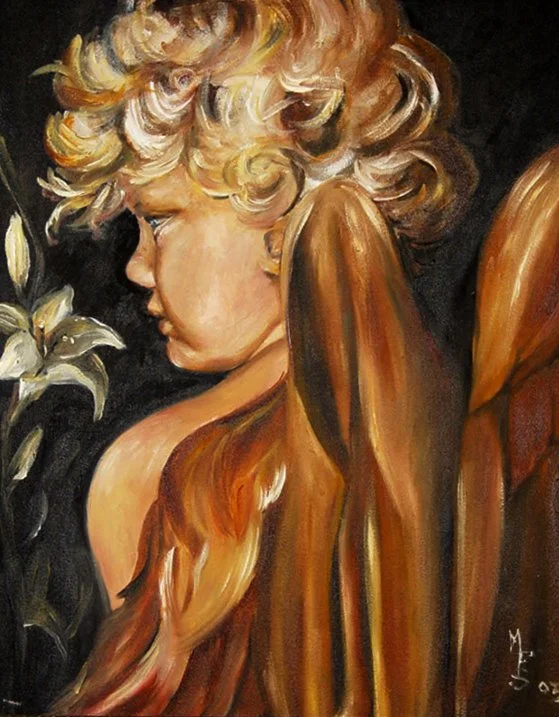 Painting of an angel with blond curls and golden wings, gazing at white lilies.