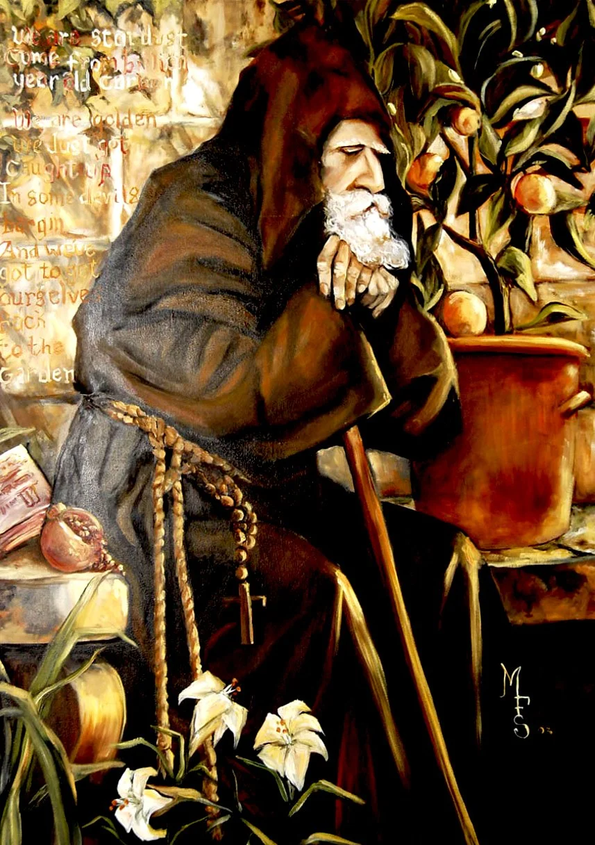 Artwork of a contemplative elderly man in a hooded robe sitting next to a potted plant with fruit. A rope with beads and a key hangs from his waist. Text is partially visible in the background.