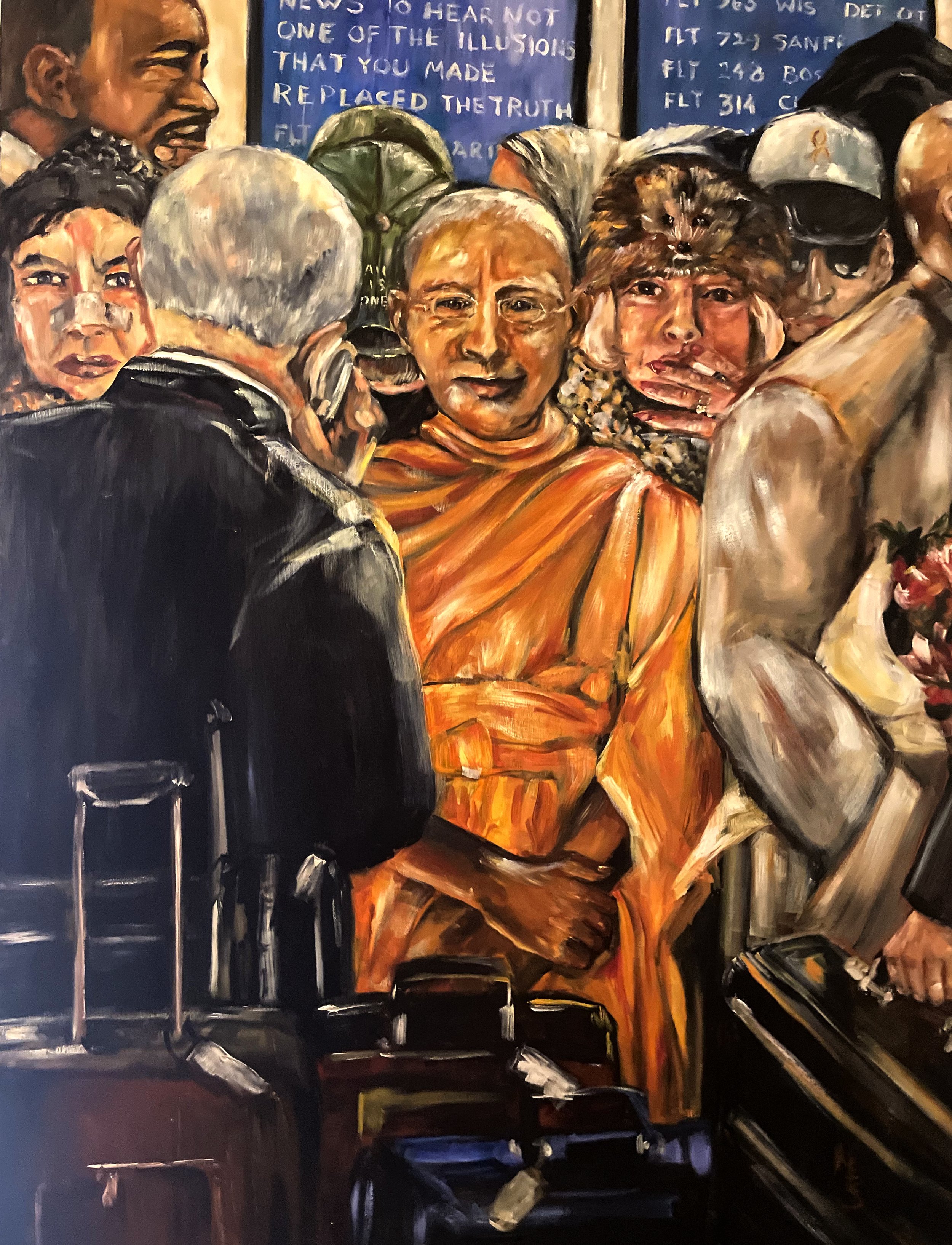 People gathered in a crowded airport scene with a focus on a person in an orange garment, surrounded by luggage and signs in the background.