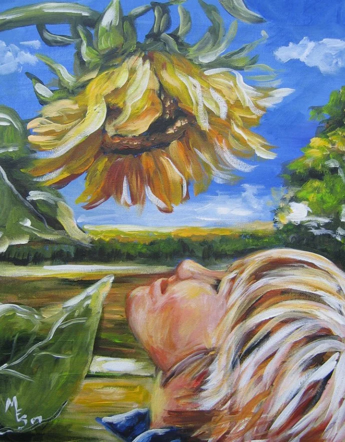 Painting of a large sunflower towering over a child with blonde hair against a blue sky background.