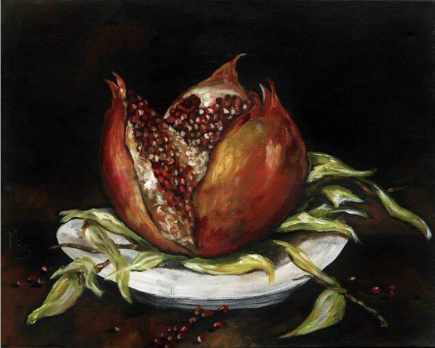 Painting of an open pomegranate with seeds on a plate