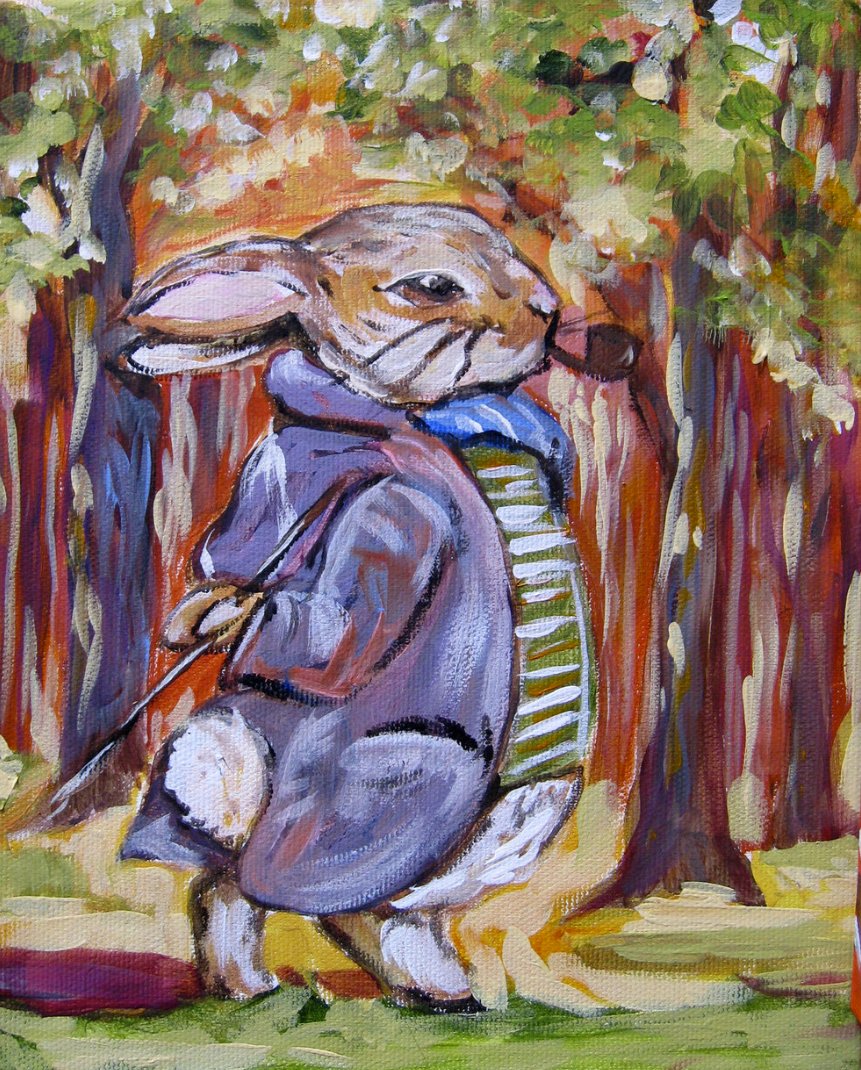 Painting of an anthropomorphic rabbit wearing a coat, holding a stick, walking in a colorful forest