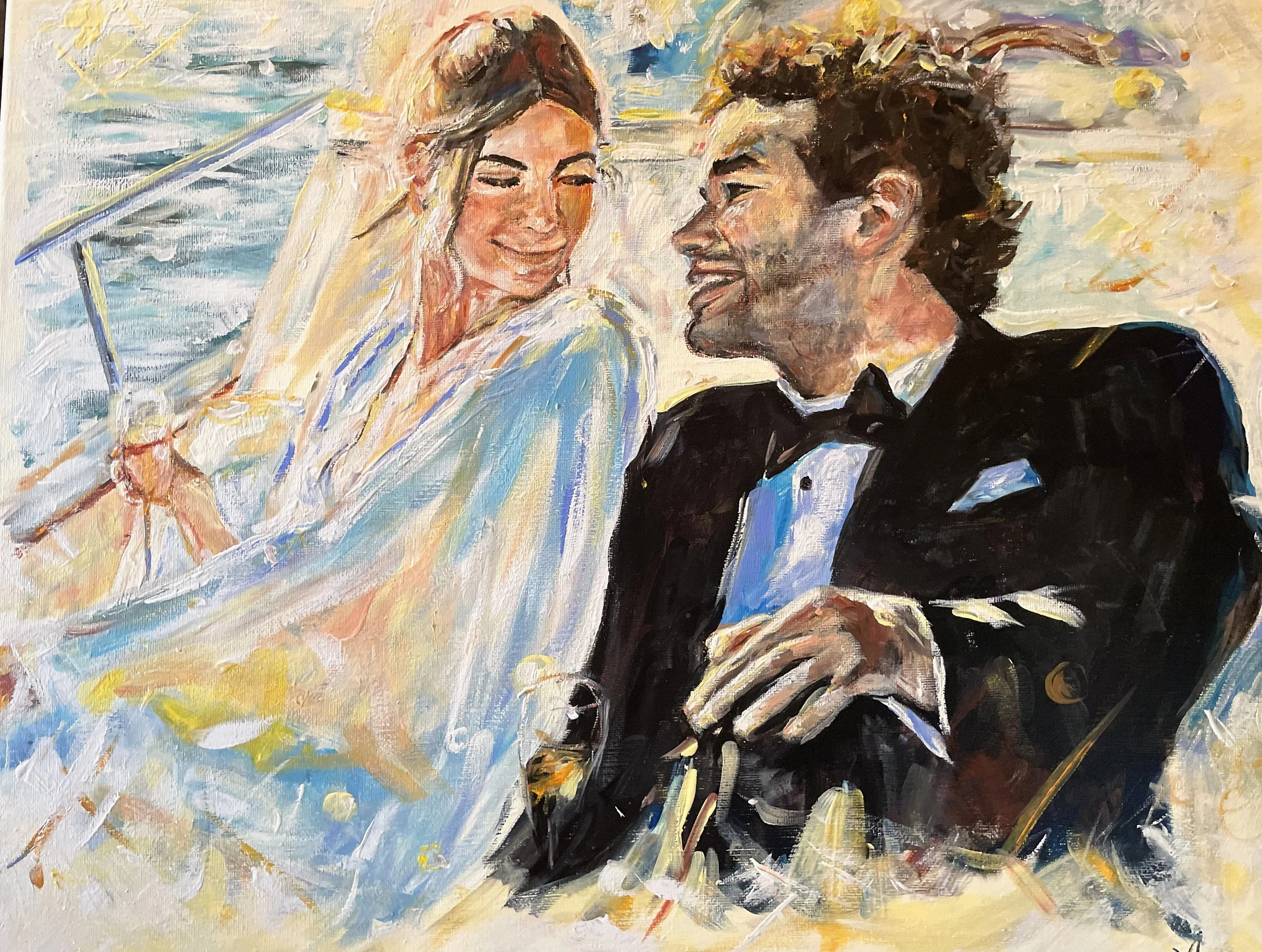 Painting of a smiling couple in formal attire on a boat, woman in a white dress holding a glass, man in a tuxedo.