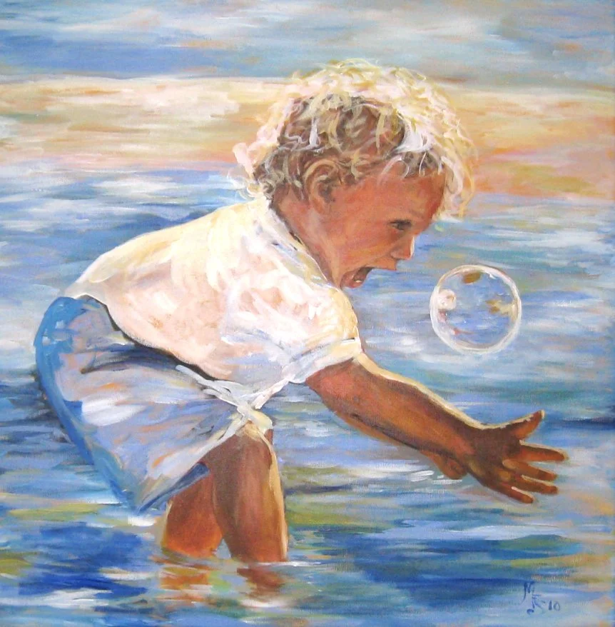 Painting of a child with curly blonde hair playing with a bubble over water, with a colorful background.