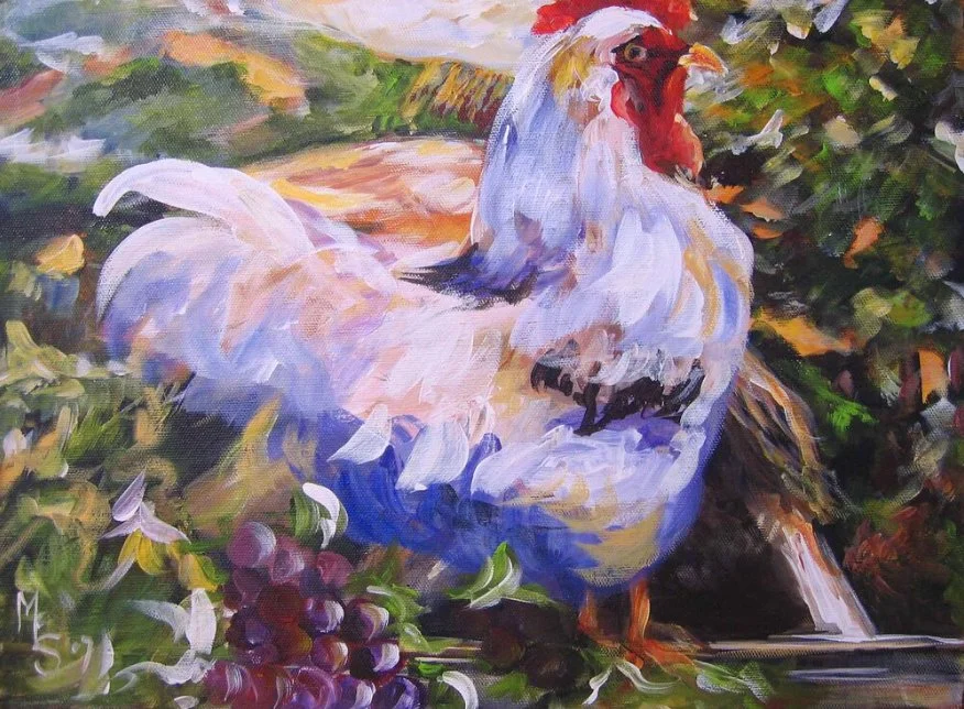 Colorful painting of a rooster with grapes and foliage