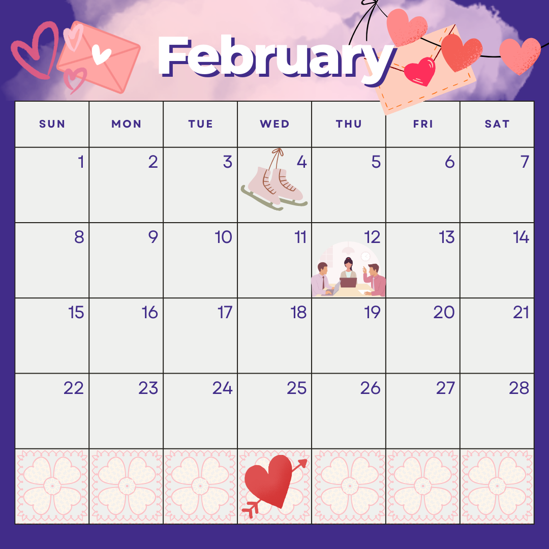 February calendar with skates on Wenesday the 4th