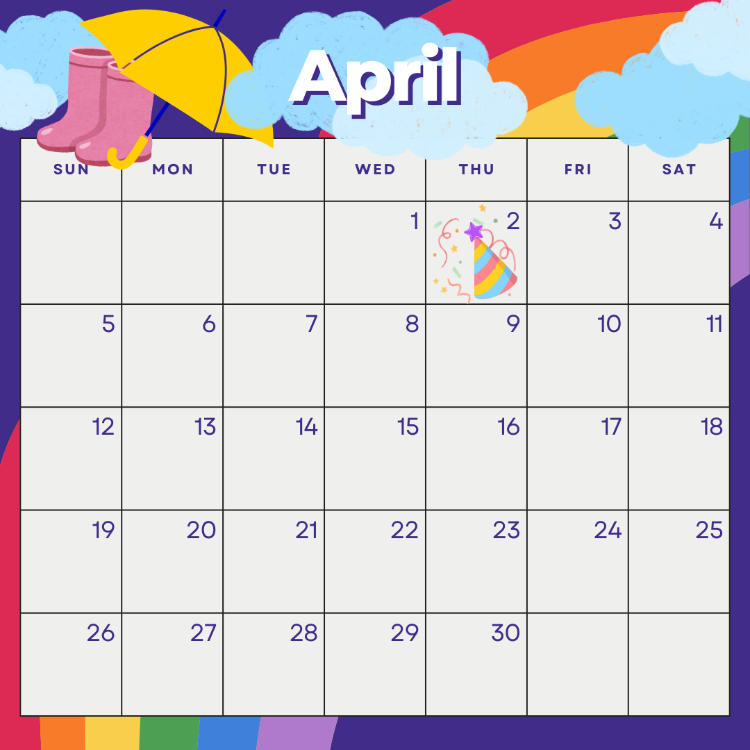 April calendar with a party on Thursday the 2nd