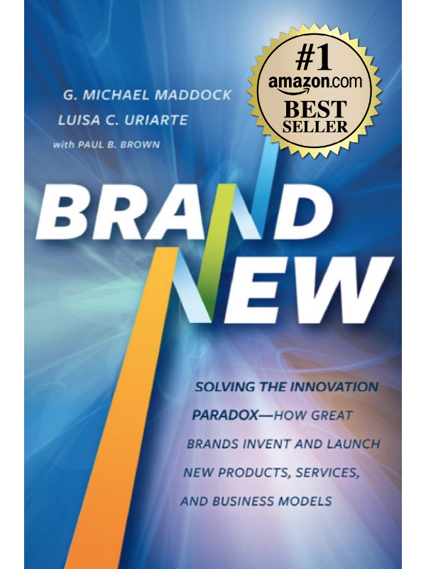 Book titled "Brand New" with a blue and green abstract background and an upward arrow. Authors are G. Michael Maddock and Luisa C. Uriarte, with Paul B. Brown. Contains subtitle about solving innovation paradox and launching new products, services, and business models. Features a gold Amazon Best Seller badge in top left corner.