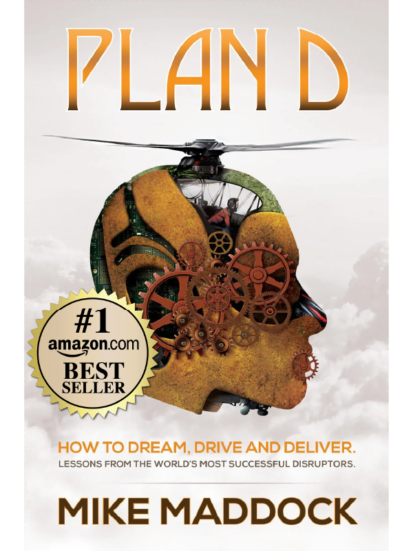 Book cover for 'Playland' by Mike Maddock featuring a human head with gears and mechanical parts, with a helicopter rotor on top, against a cloudy sky background.